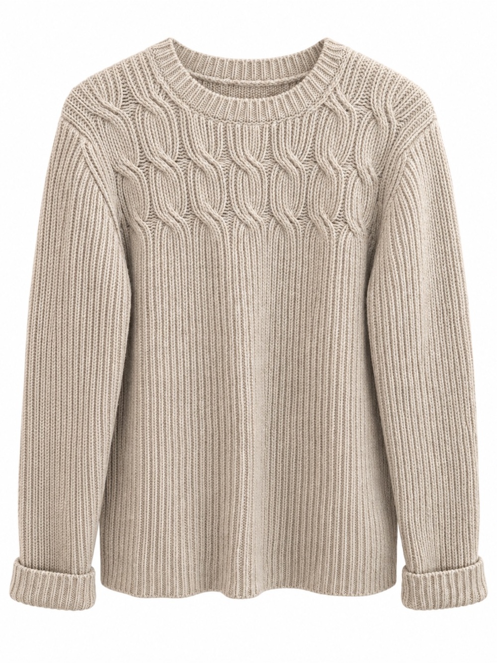 Classic Cable-Yoke Crewneck Sweater in Beige